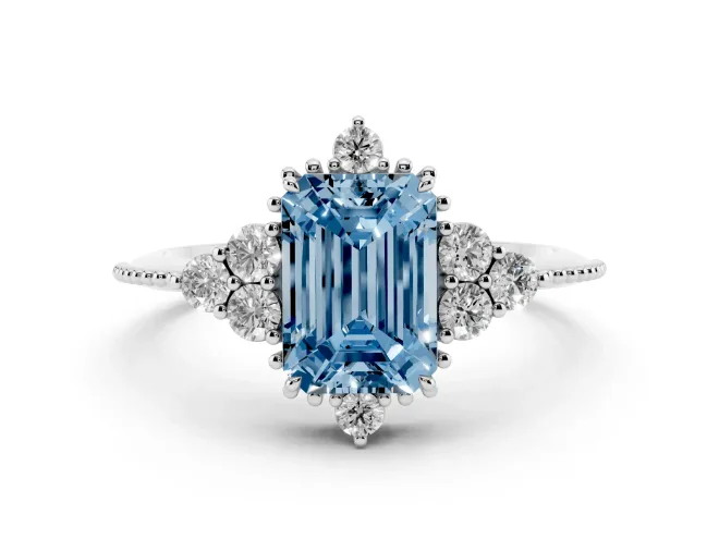 Emerald Cut Cluster Engagement Ring Setting for a Fancy Blue Lab-Grown Diamond | White Gold