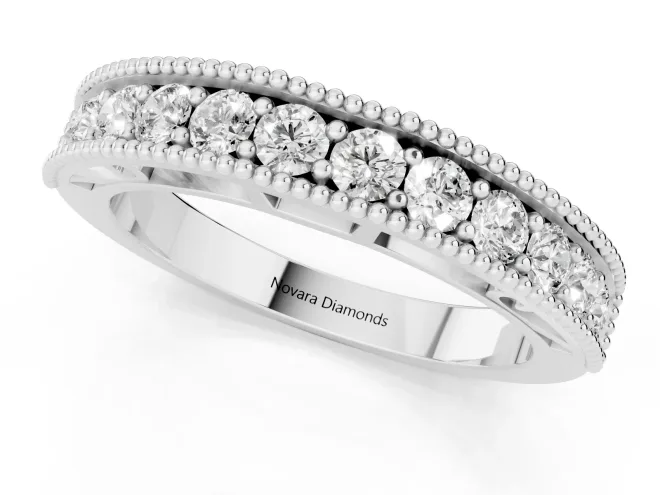 Round Diamond Pavé Chevron Band Set in Platinum with Milgrain Edges – second view