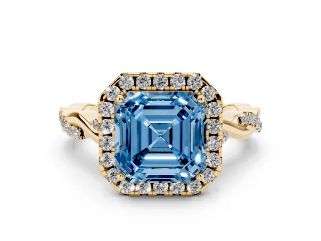 Asscher Cut Twist Halo Engagement Ring Setting for a Fancy Blue Lab-Grown Diamond | Yellow Gold