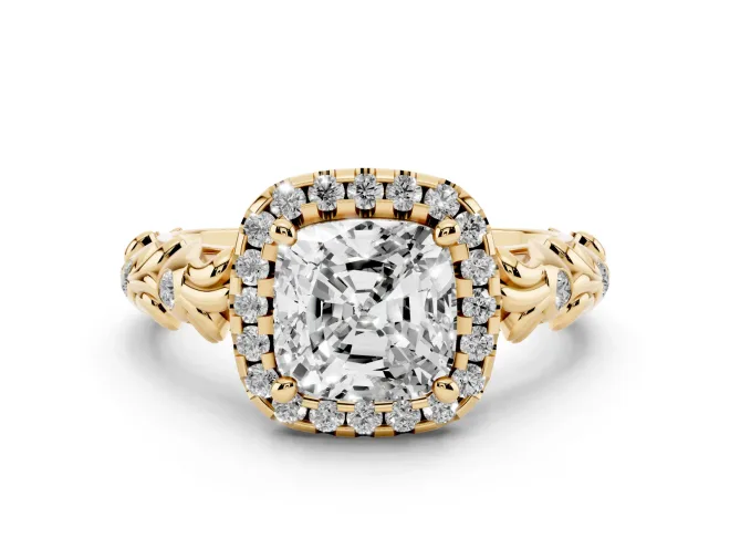 Cushion Cut Diamond Halo Ring Set in Yellow gold with Filigree Leaf Band and Prong Setting