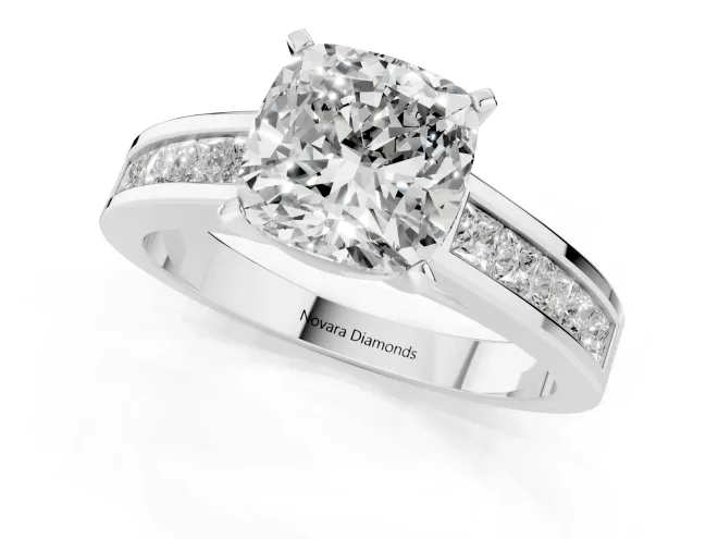 Cushion Cut Diamond Solitaire Ring Set in White gold with Channel-Set Band and Prong Setting – second view