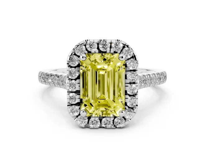 Emerald Cut Halo Engagement Ring Setting for a Fancy Yellow Lab-Grown Diamond | Tapered Band | White Gold