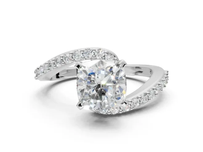 Cushion Cut Bypass Pavé Solitaire Engagement Ring Setting | Swirl Band | White Gold