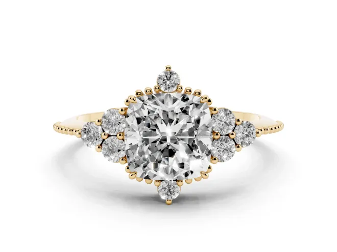 Cushion Cut Diamond Cluster Ring Set in Yellow gold with Beaded Band
