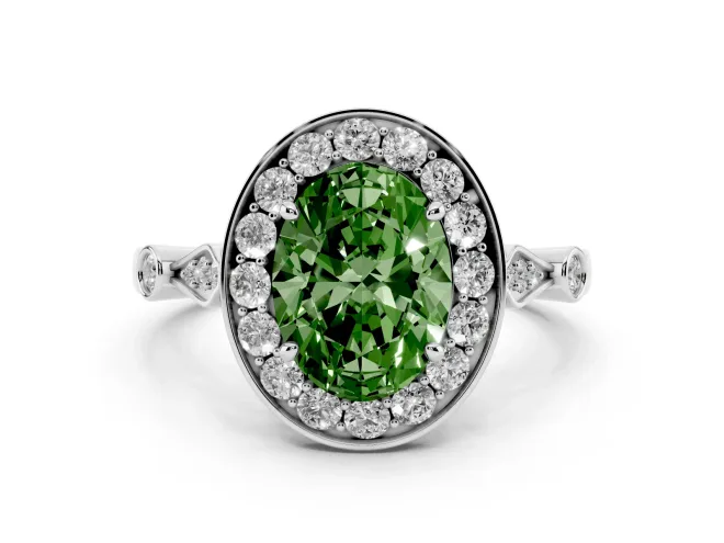 Oval Halo Engagement Ring Setting for a Fancy Green Lab-Grown Diamond | Bezel Station Shoulders | Sterling Silver