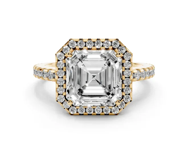 Asscher Cut Diamond Halo Ring Set in Yellow gold with Pavé Shoulders and Halo-Framed Center