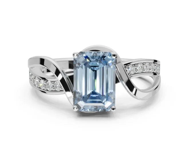 Emerald Cut Bypass Solitaire Engagement Ring Setting for a Fancy Blue Lab-Grown Diamond | Pavé Strands | White Gold