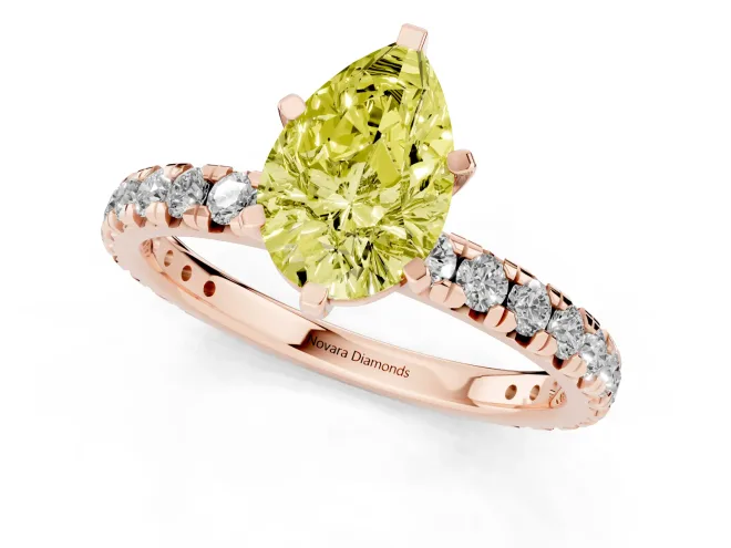 Fancy Yellow Pear Cut Diamond Pavé Solitaire Ring Set in Rose gold with Round Band and Prong Setting – second view