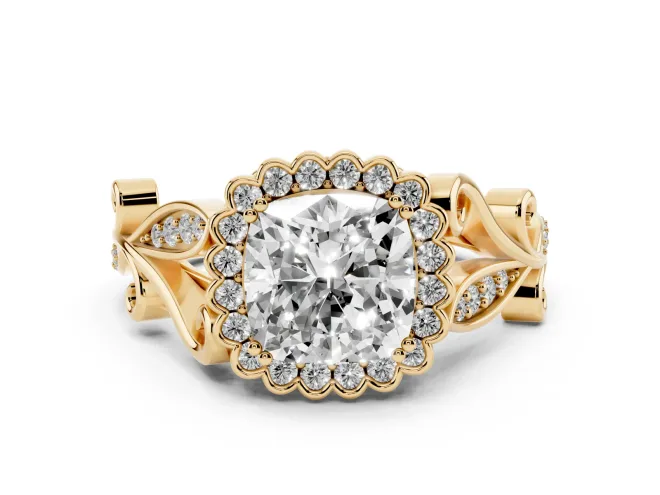 Cushion Cut Vintage Leaf Halo Engagement Ring Setting | Graduated Vine Shank | Yellow Gold