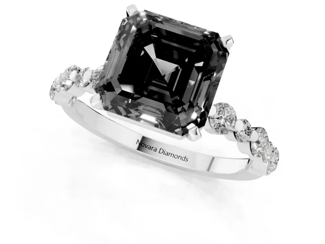 Fancy Black Asscher Cut Diamond Prong Set Engagement Ring Set in Silver with Round Accent Pavé Band – second view