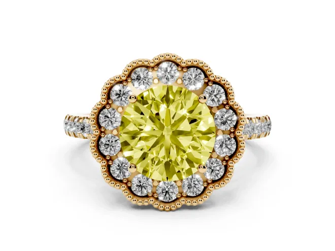 Round Milgrain Floral Halo Engagement Ring Setting for a Fancy Yellow Lab-Grown Diamond | Pavé Band | Yellow Gold