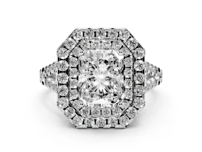 Radiant Cut Diamond Double Halo Ring Set in Platinum with Pavé Split Shank and Prong Setting