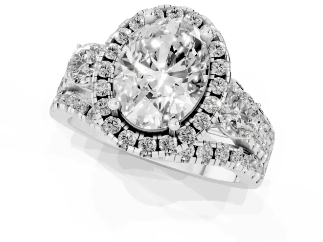 Oval Cut Diamond Halo Split Shank Ring Set in Platinum with Round Accent Stones and Prong Setting – second view