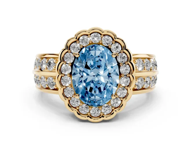 Oval Scalloped Halo Engagement Ring Setting for a Fancy Blue Lab-Grown Diamond | Double Row Band | Yellow Gold
