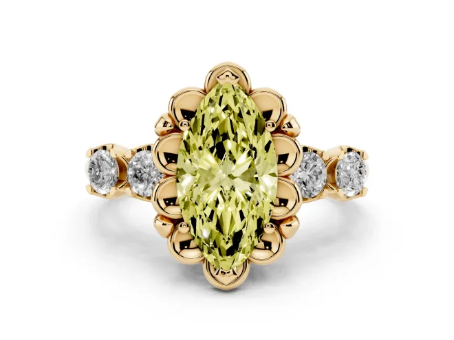 Fancy Yellow Marquise Cut Diamond Floral Halo Ring Set in Yellow gold with Shared Prong Band