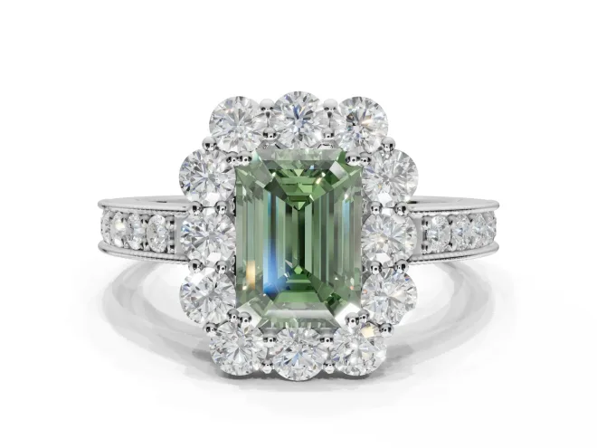 Emerald Cut Vintage Halo Engagement Ring Setting for a Fancy Green Lab-Grown Diamond | White Gold