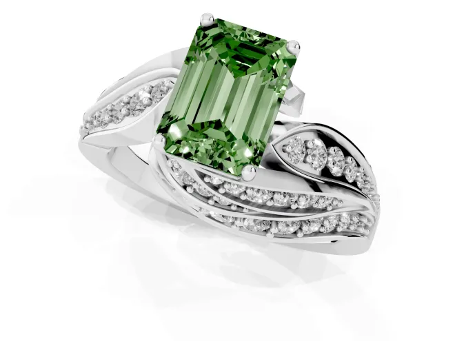 Fancy Green Emerald Cut Diamond Solitaire Ring Set in White gold with Layered Twist Pavé Band – second view