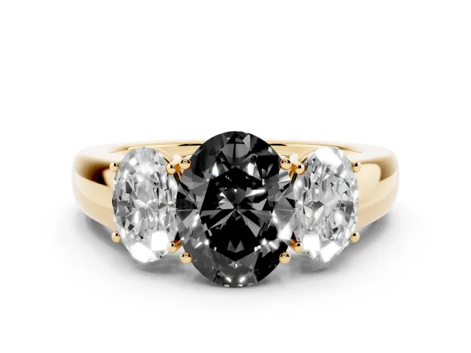 Oval Three Stone Engagement Ring Setting for a Black Center | Touching Side Stones | Yellow Gold