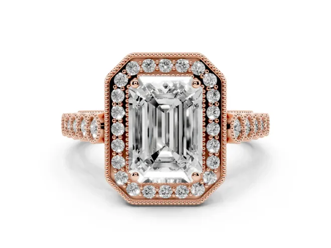 Emerald Cut Milgrain Halo Engagement Ring Setting | Graduated Bezel Accents | Rose Gold