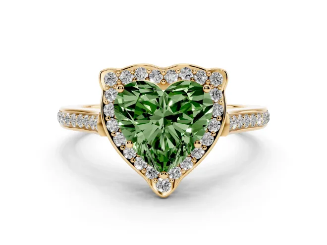 Heart-Shaped Petal Tip Halo Engagement Ring Setting for a Fancy Green Lab-Grown Diamond | Pavé Band | Yellow Gold