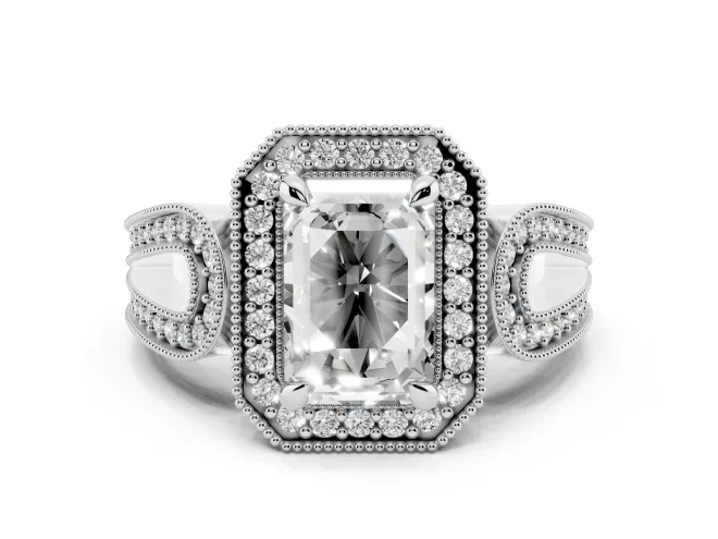 Emerald Cut Diamond Halo Ring Set in Silver with Milgrain Accent Split Shank
