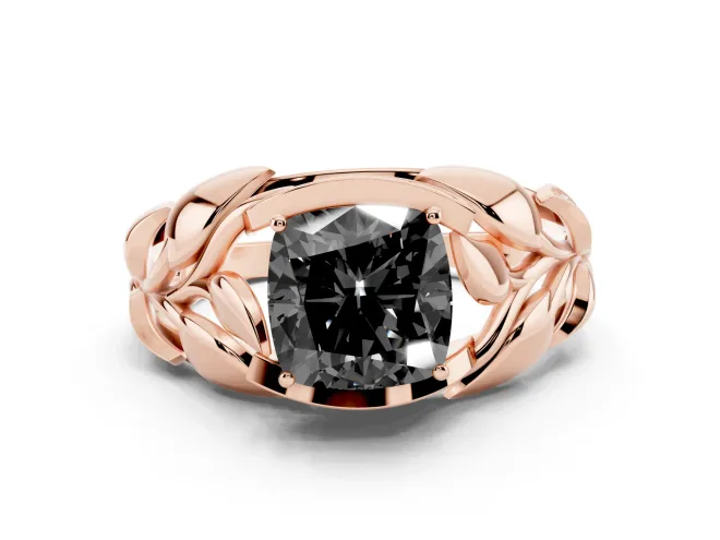 Fancy Black Cushion Cut Diamond Leaf-Inspired Engagement Ring Set in Rose gold with Round Accents