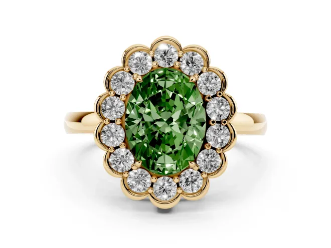 Oval Scalloped Cluster Halo Engagement Ring Setting for a Fancy Green Lab-Grown Diamond | Plain Band | Yellow Gold