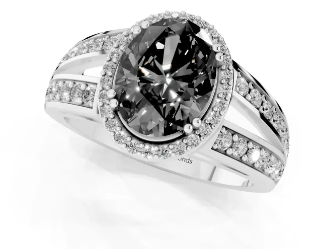 Fancy Black Oval Cut Diamond Halo Ring Set in Platinum with Double Pavé Split Shank – second view