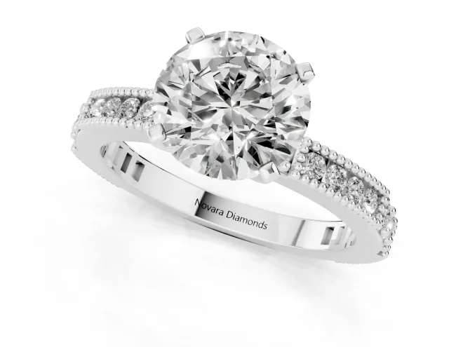Round Cut Diamond Solitaire Ring Set in Platinum with Slim Pavé Band and Prong Setting – second view