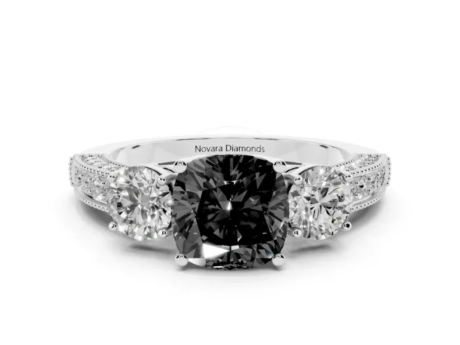 Fancy Black Cushion Cut Diamond Three-Stone Ring Set in Platinum with Round Side Stones and Pavé Band