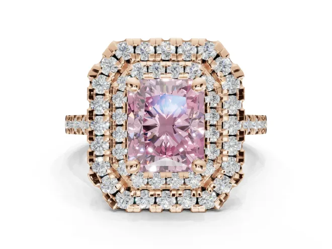 Radiant Cut Double Halo Engagement Ring Setting for a Fancy Pink Lab-Grown Diamond | Pavé Shoulders | Rose Gold