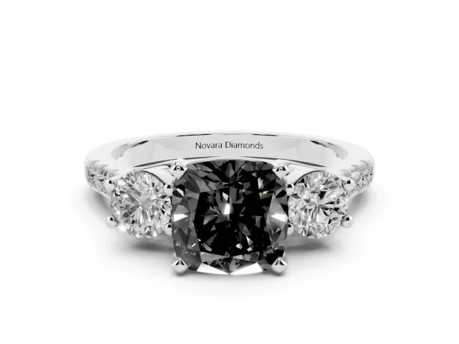 Cushion Cut Three-Stone Engagement Ring Setting for a Black Center | Pavé Shoulders | Platinum