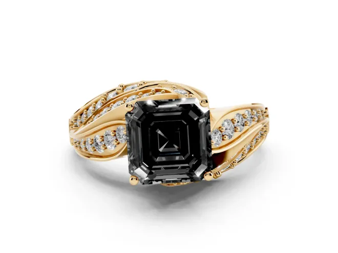 Fancy Black Asscher Cut Diamond Solitaire Ring Set in Yellow gold with Layered Twist Pavé Band