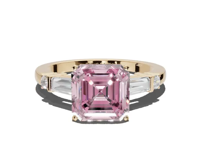 Asscher Cut Tapered Baguette Engagement Ring Setting for a Fancy Pink Lab-Grown Diamond | Bar Set Sides | Yellow Gold