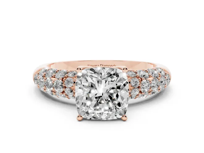 Cushion Cut Multi Row Pavé Solitaire Engagement Ring Setting | Domed Shoulders | Rose Gold