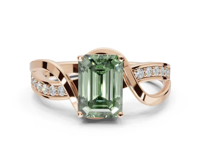 Emerald Cut Bypass Solitaire Engagement Ring Setting for a Fancy Green Lab-Grown Diamond | Pavé Strands | Rose Gold