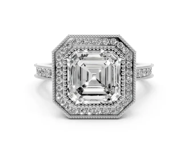 Asscher Cut Vintage Milgrain Halo Engagement Ring Setting | Bezel Head | Platinum