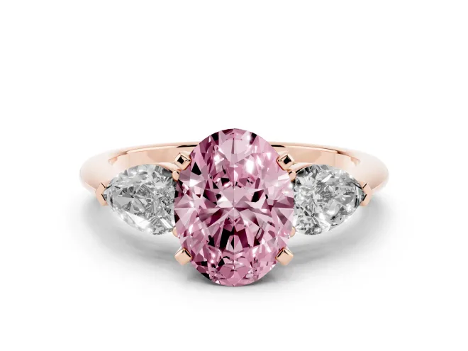 Oval Three-Stone Ring Setting for a Fancy Pink Lab-Grown Diamond | Pear Side Stones | Rose Gold