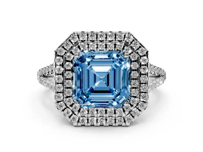 Fancy Blue Asscher Cut Diamond Double Halo Ring Set in Silver with Pavé Band