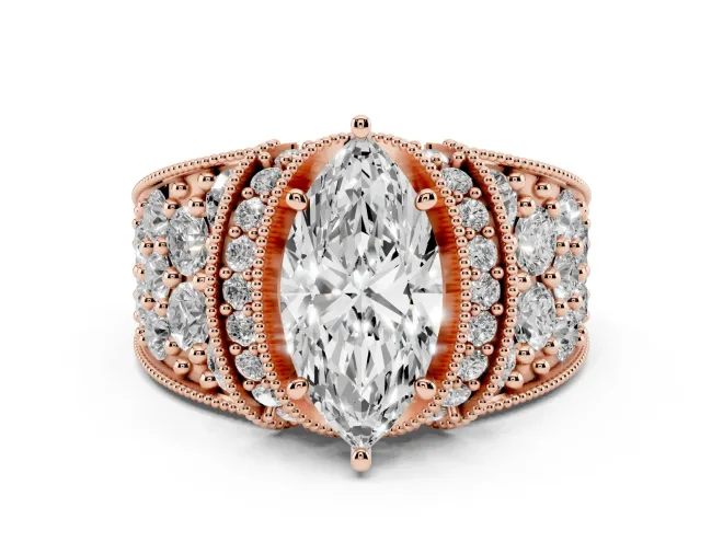 Marquise Cut Diamond Milgrain Halo Pavé Engagement Ring Set in Rose gold with Prong Setting