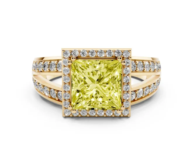 Fancy Yellow Princess Cut Diamond Halo Ring Set in Yellow gold with Double Pavé Split Shank
