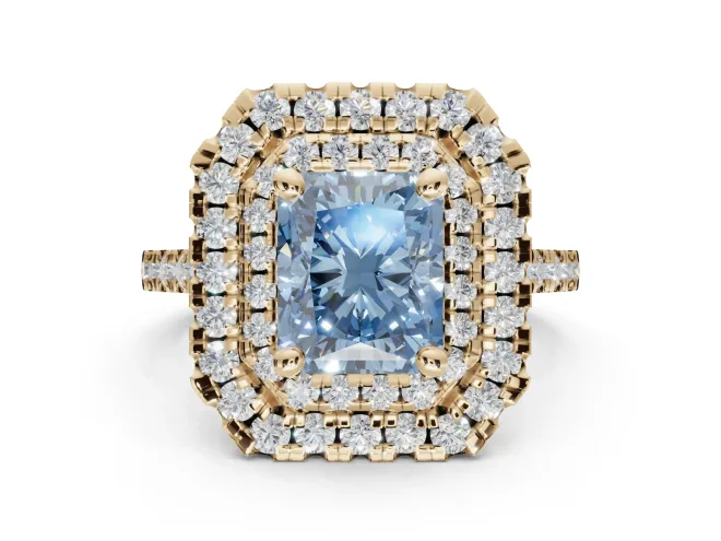 Radiant Cut Double Halo Engagement Ring Setting for a Fancy Blue Lab-Grown Diamond | Pavé Shoulders | Yellow Gold