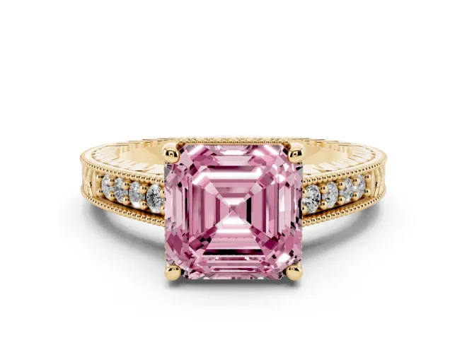 Asscher Cut Engraved Engagement Ring Setting for a Fancy Pink Lab-Grown Diamond | Yellow Gold