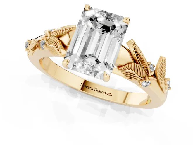 Emerald Cut Diamond Solitaire Ring Set in Yellow gold with Leaf Motif Band – second view