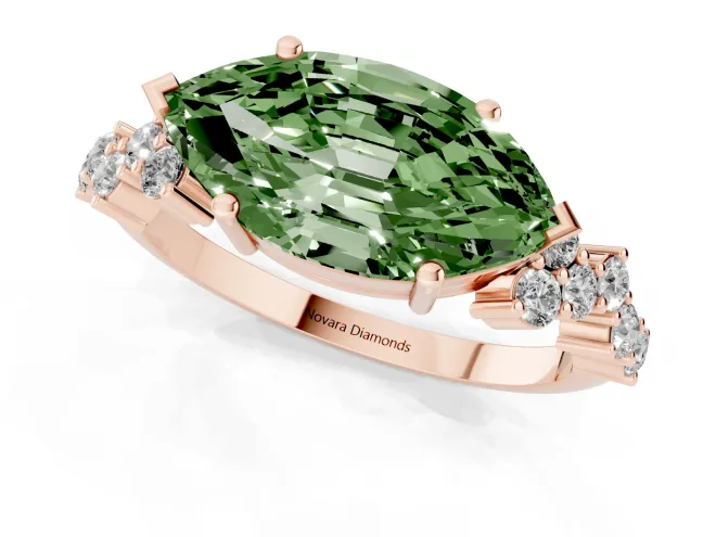 Fancy Green Marquise Cut Diamond Ring Set in Rose gold with Scattered Round Accents – second view