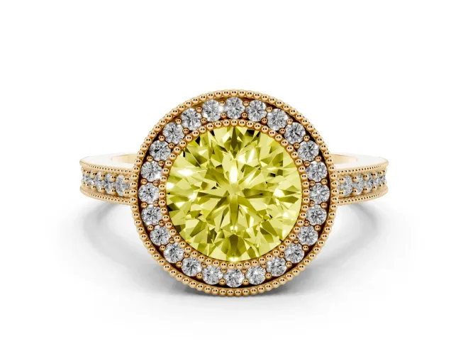 Round Milgrain Halo Engagement Ring Setting for a Fancy Yellow Lab-Grown Diamond | Pavé Band | Yellow Gold