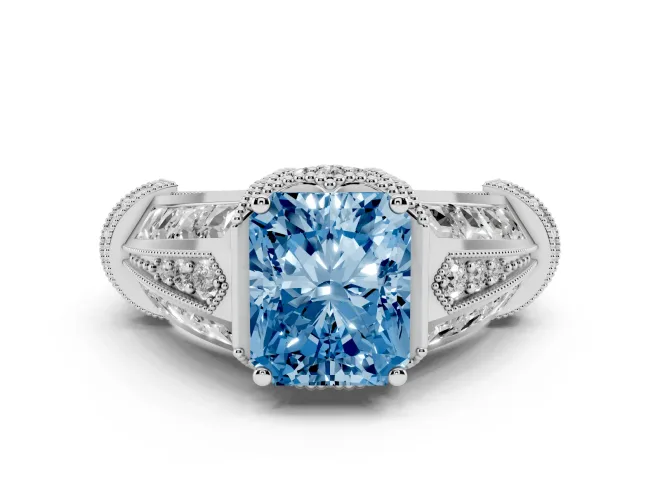 Fancy Blue Radiant Cut Diamond Vintage-Inspired Milgrain Ring Set in White gold with Accent Split Shank