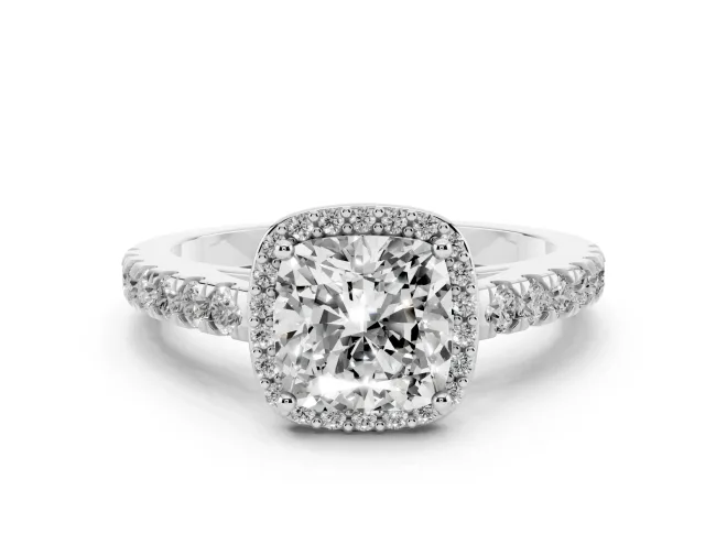 Cushion Cut Halo Pavé Engagement Ring Setting | Single Row Shoulders | White Gold