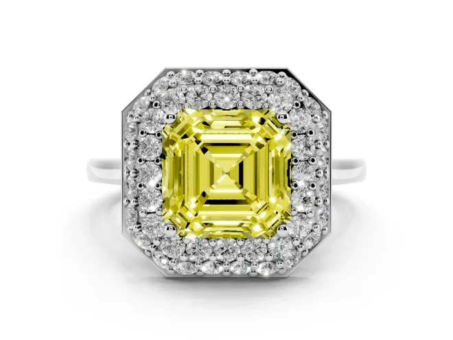 Fancy Yellow Asscher Cut Diamond Halo Engagement Ring Set in Platinum with Solitaire Band and Prong Setting