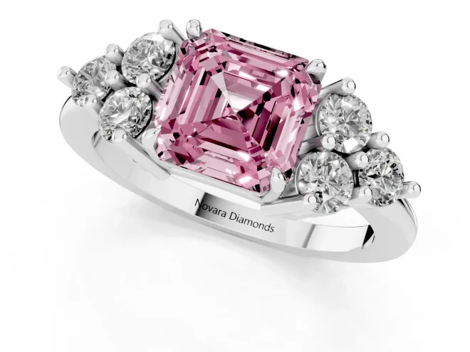 Asscher Cut Cluster Side Stone Engagement Ring Setting for a Fancy Pink Lab-Grown Diamond | Plain Band | Sterling Silver – second view